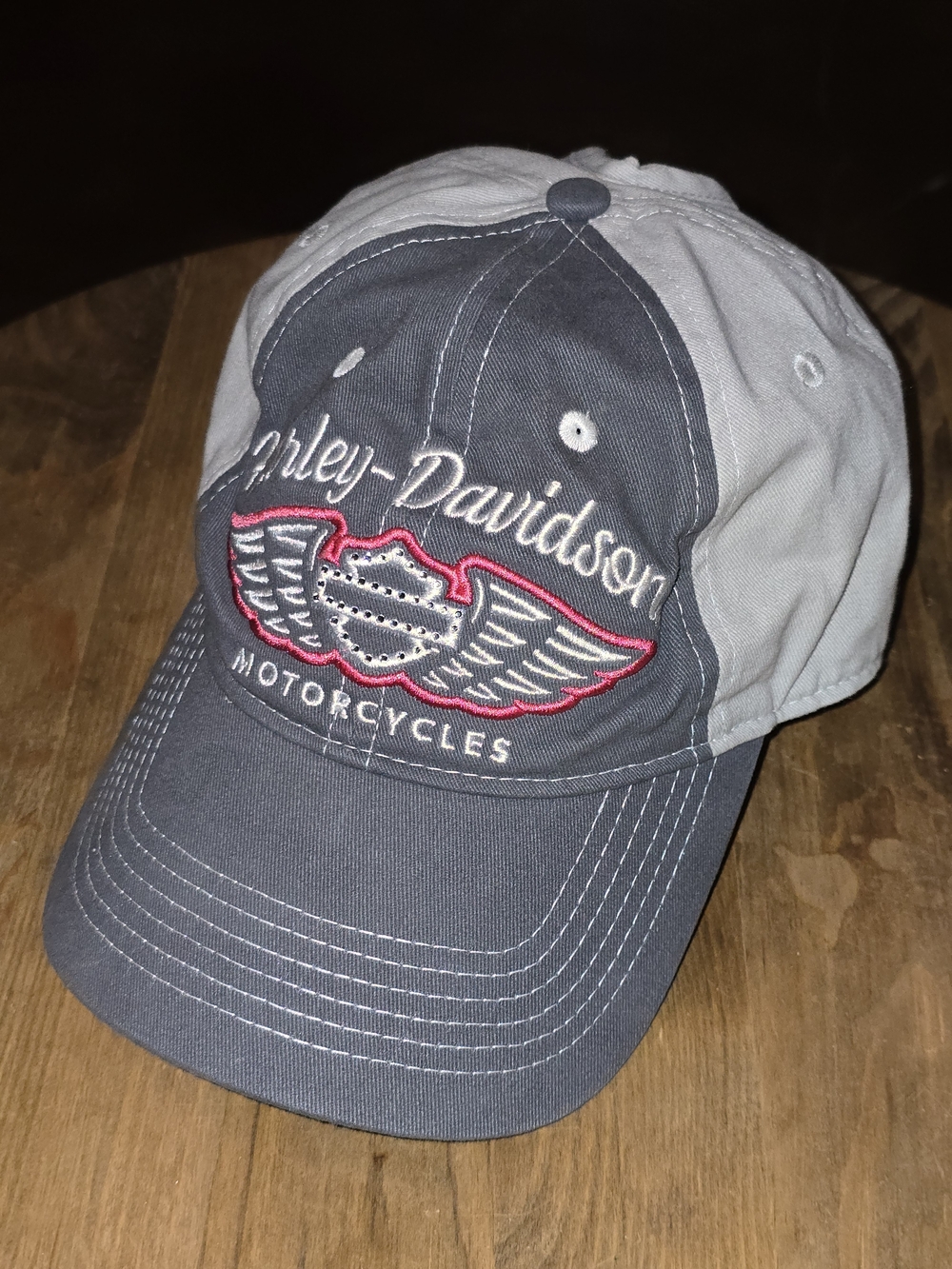 Harley-Davidson Rhinestone Winged Script Ponytail Baseball Cap Gray